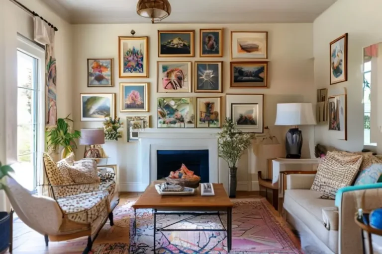 Um interior de casa iluminado e acolhedor, com uma variedade de quadros emoldurados.