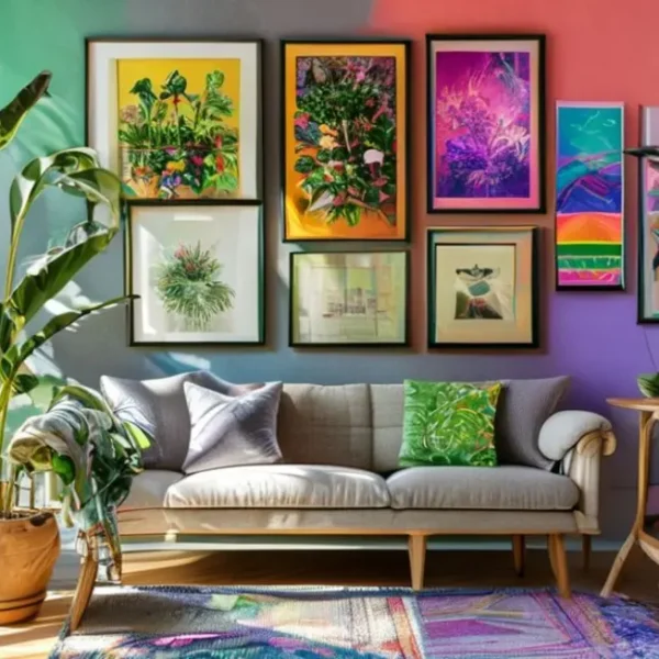 Interior de casa com quadros e pôsteres diversos