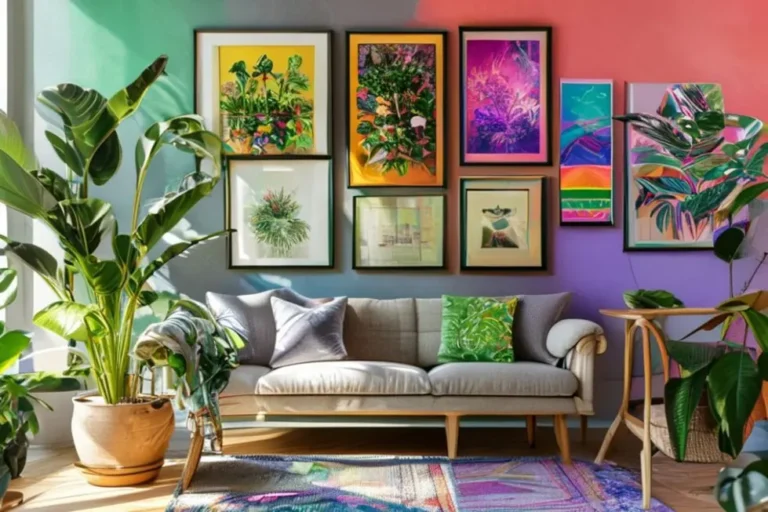 Interior de casa com quadros e pôsteres diversos