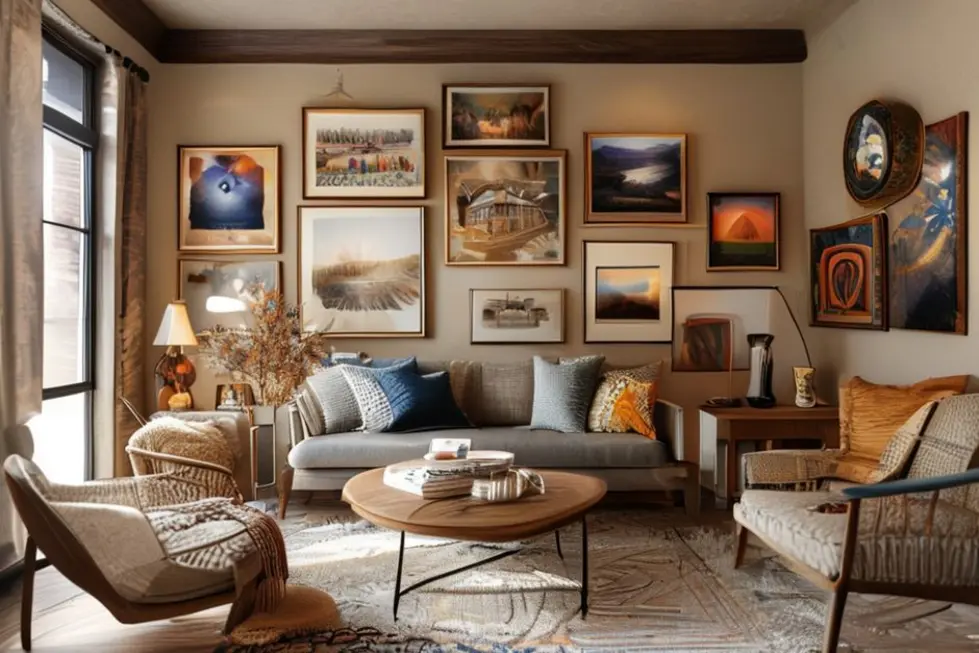 Interior de casa decorado com quadros criativos.