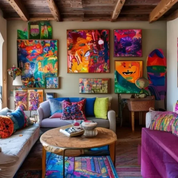 Interior de casa acolhedor com várias obras de arte.