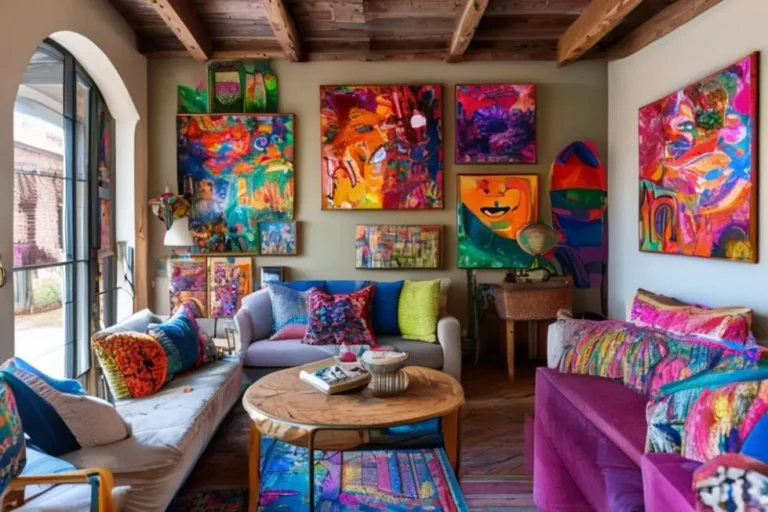 Interior de casa acolhedor com várias obras de arte.