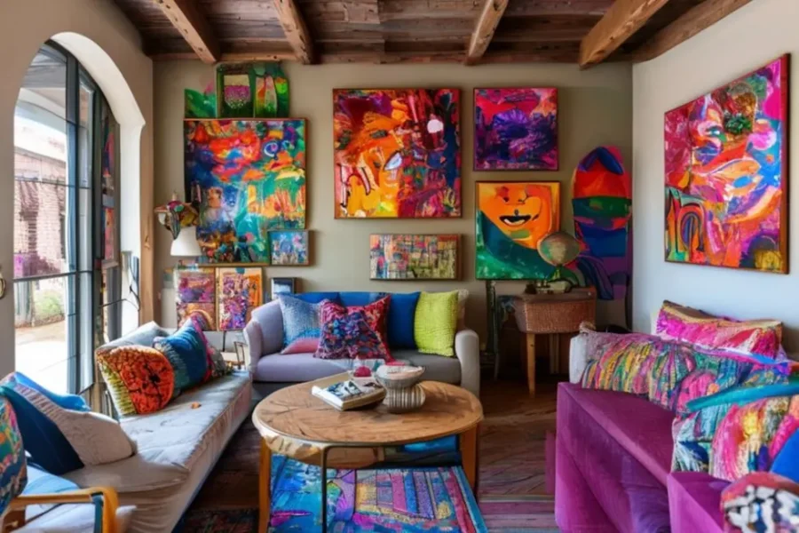 Interior de casa acolhedor com várias obras de arte.