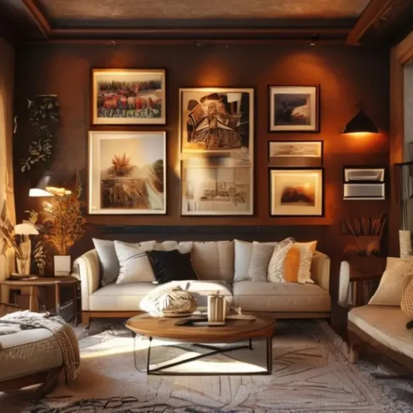 Interior de casa decorado com quadros e posters.