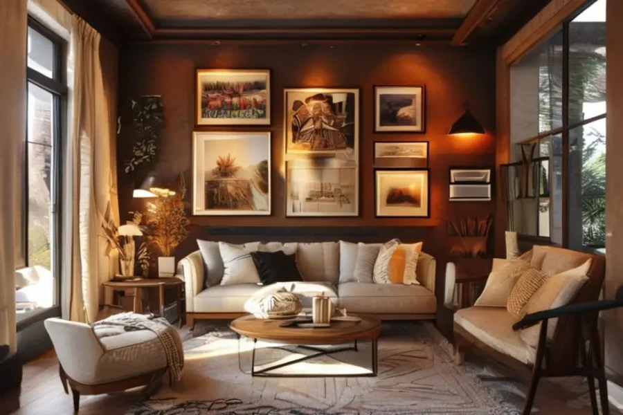 Interior de casa decorado com quadros e posters.