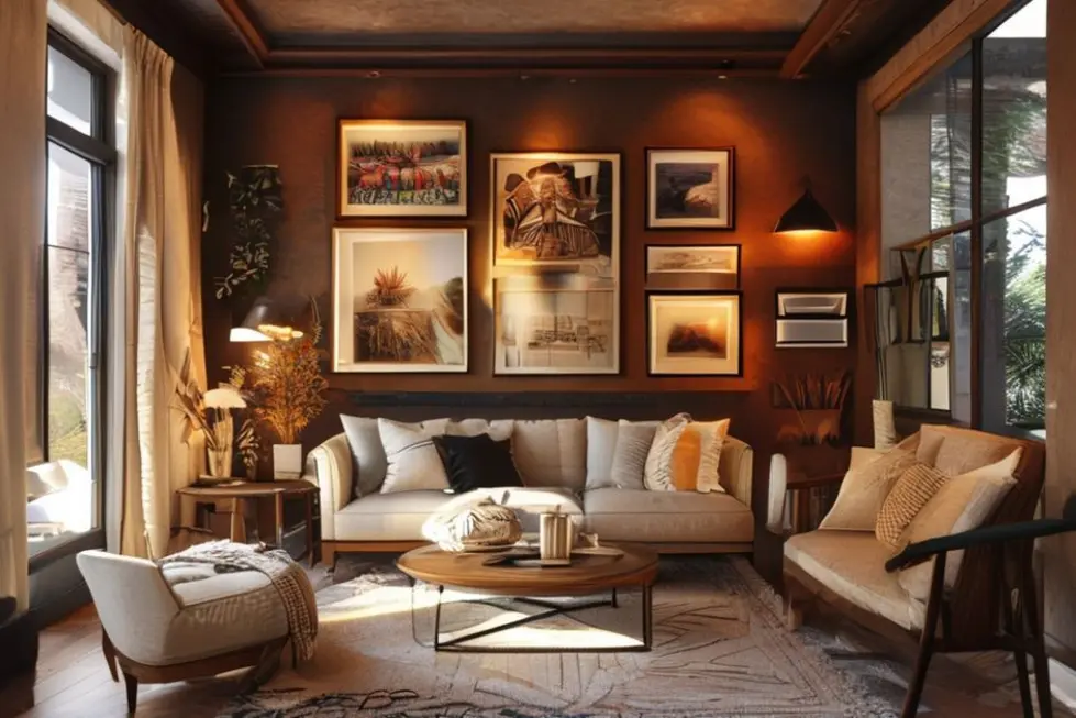 Interior de casa decorado com quadros e posters.