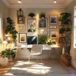 Escritório em casa decorado com quadros inspiradores.