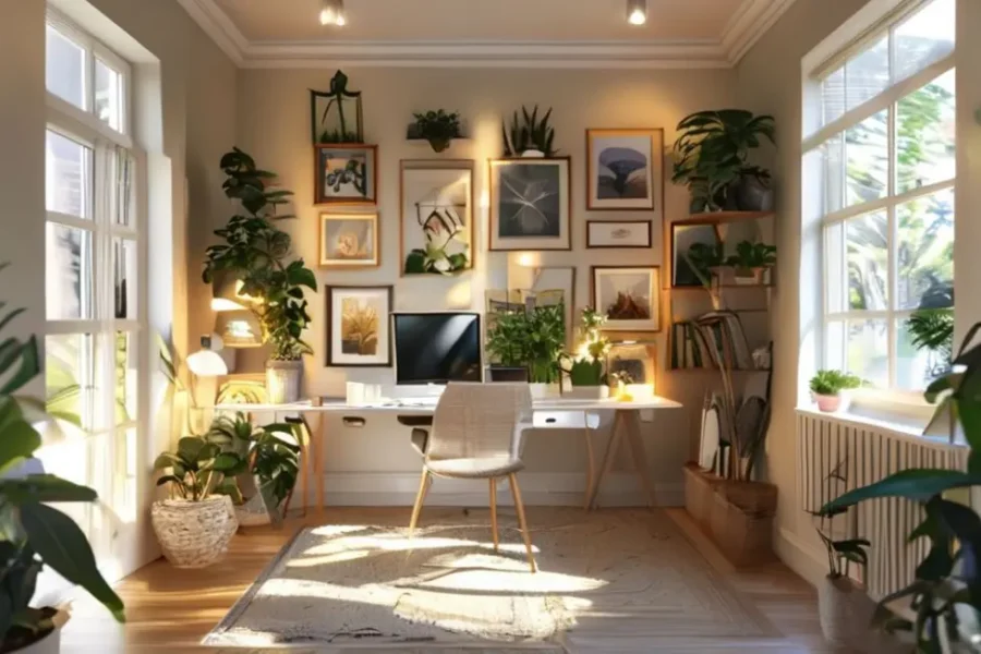 Escritório em casa decorado com quadros inspiradores.