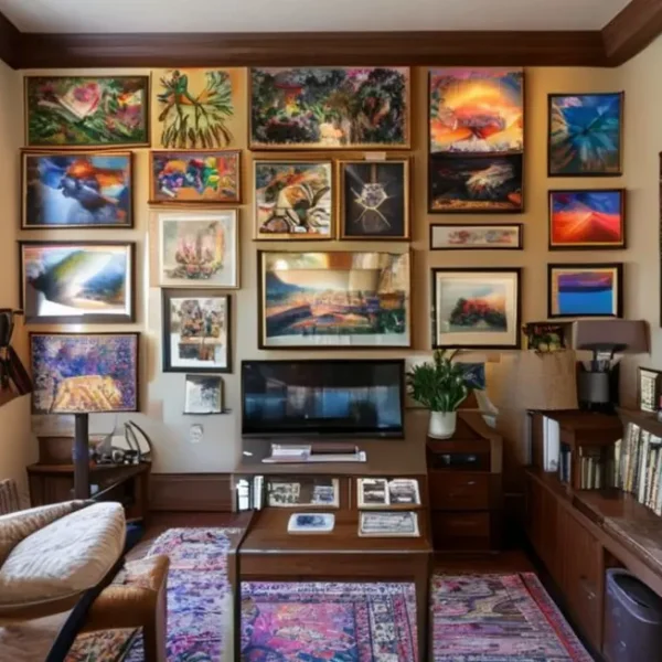 Escritório em casa decorado com quadros