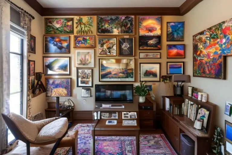 Escritório em casa decorado com quadros