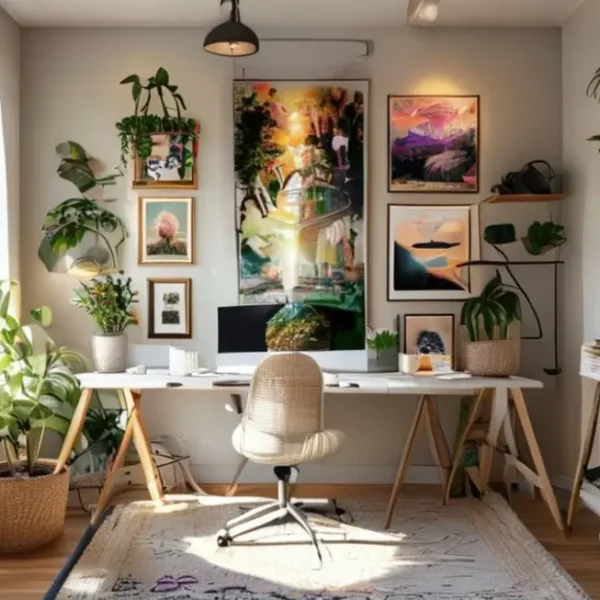 Home office decorado com quadros e uma atmosfera inspiradora.
