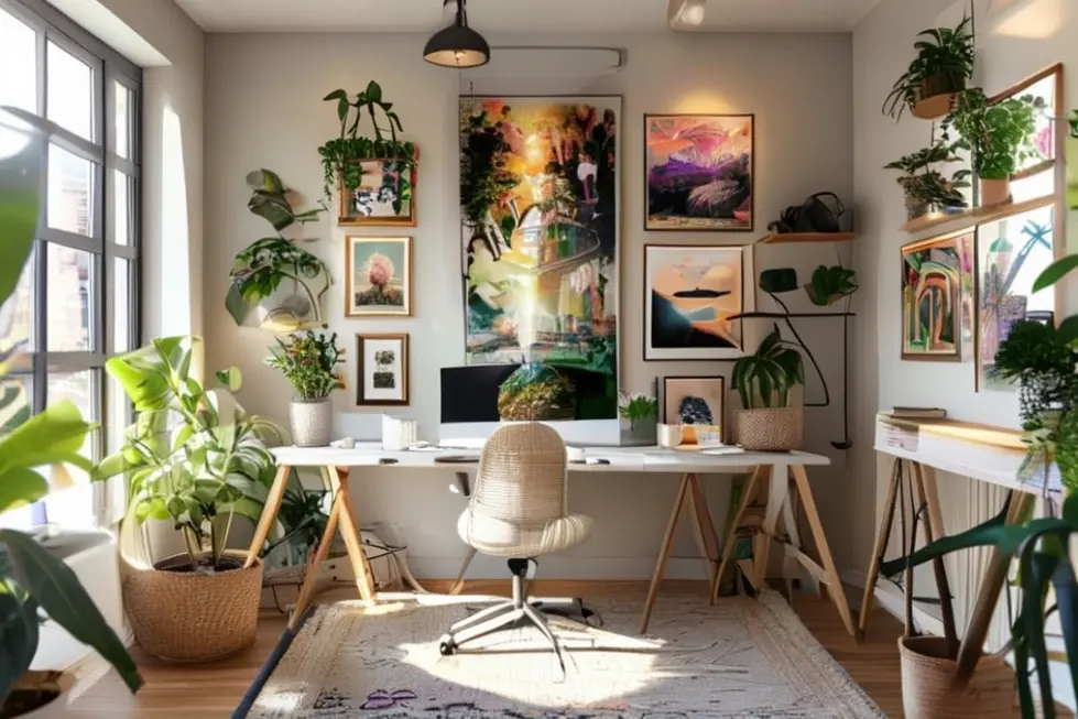 Home office decorado com quadros e uma atmosfera inspiradora.