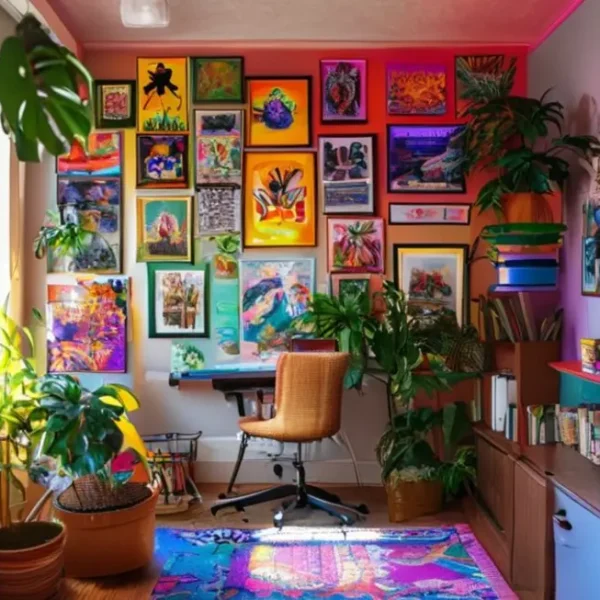 Escritório em casa decorado com posters e obras de arte.