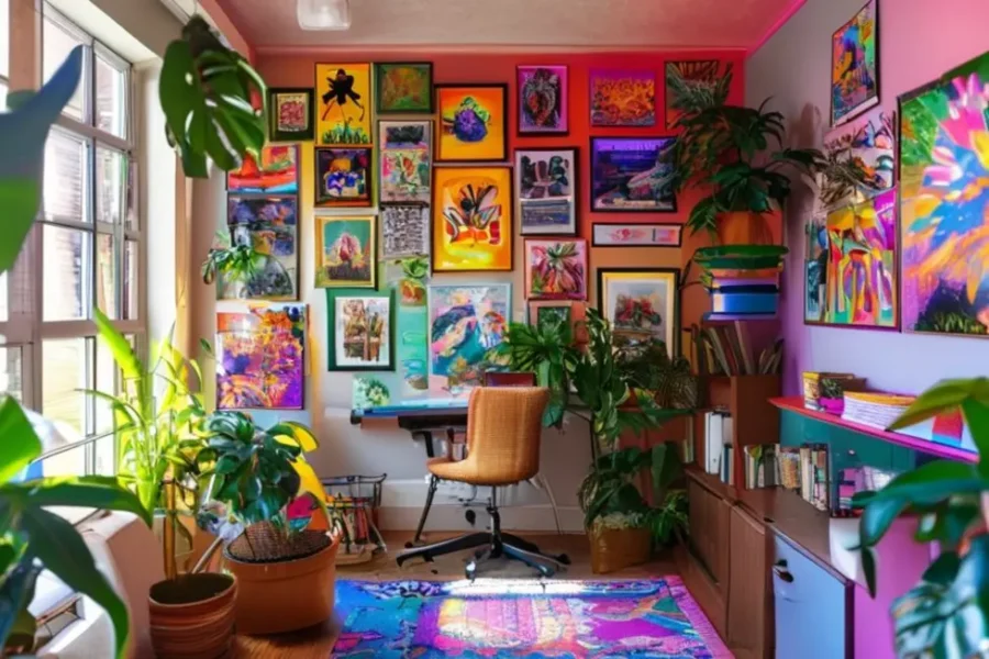 Escritório em casa decorado com posters e obras de arte.