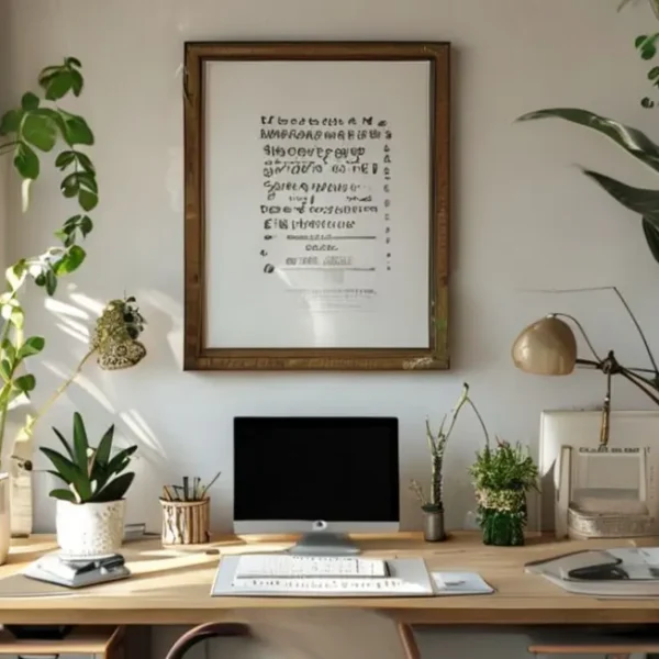 Um escritório em casa com um quadro inspirador na parede.