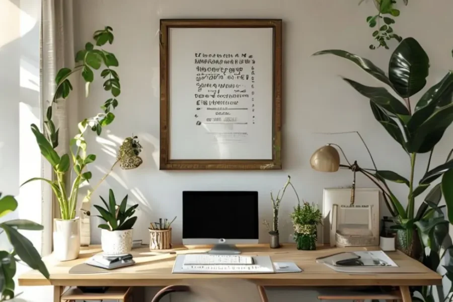 Um escritório em casa com um quadro inspirador na parede.