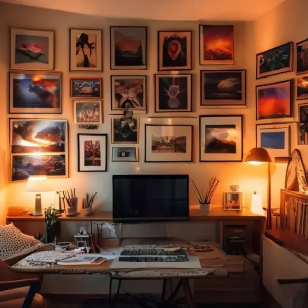 Escritório doméstico decorado com quadros inspiradores.