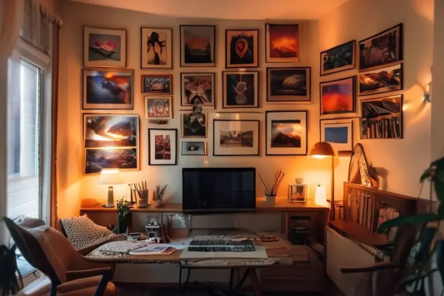Escritório doméstico decorado com quadros inspiradores.