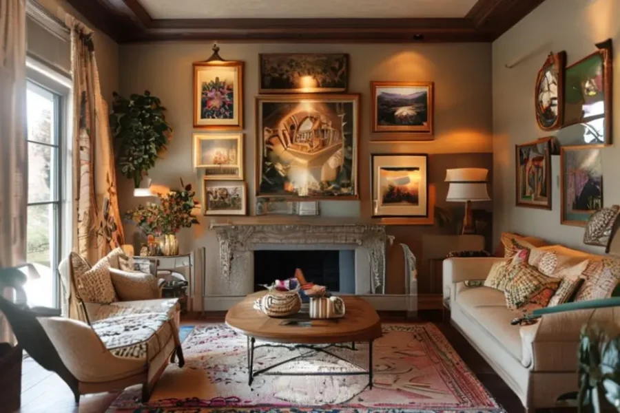 Interior de casa decorado com arte de parede inspiradora.