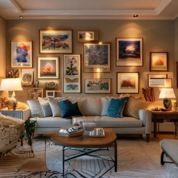 Espaço decorativo acolhedor com quadros emoldurados.