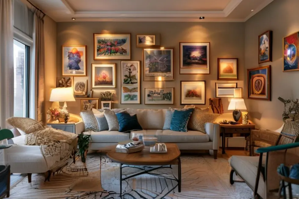 Espaço decorativo acolhedor com quadros emoldurados.