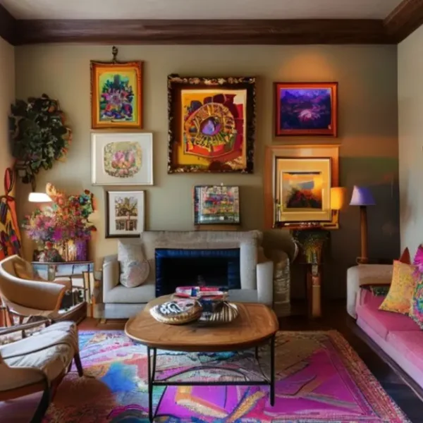 Interiores de uma casa com arte nas paredes, criando um ambiente acolhedor.