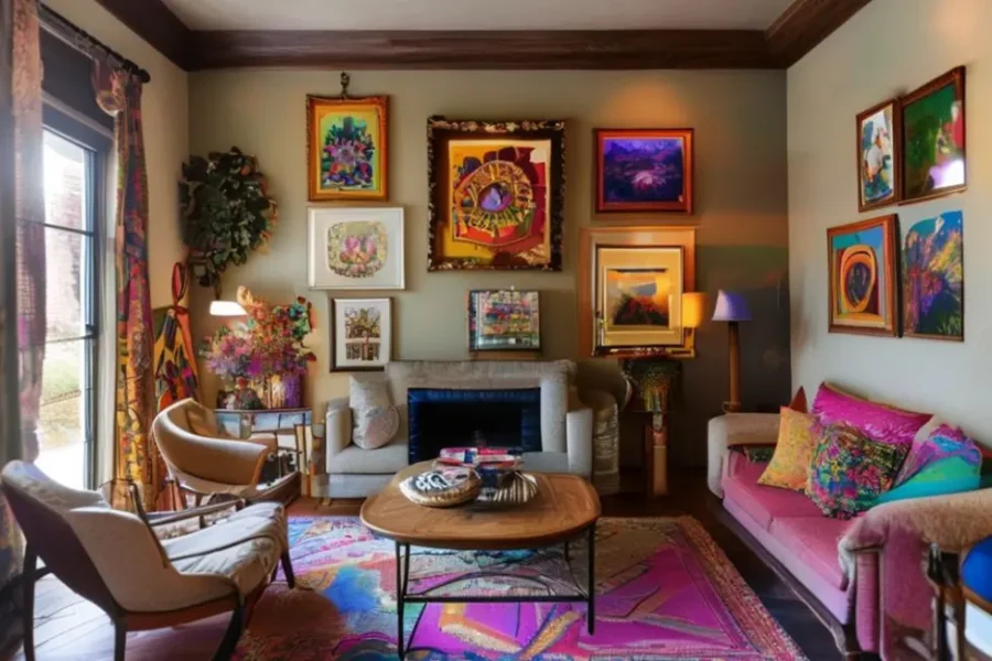 Interiores de uma casa com arte nas paredes, criando um ambiente acolhedor.