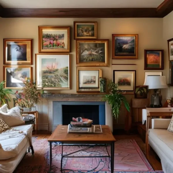 Interior de casa com várias obras de arte em destaque, criando uma atmosfera acolhedora.