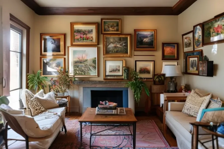 Interior de casa com várias obras de arte em destaque, criando uma atmosfera acolhedora.