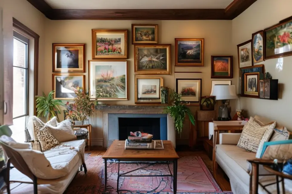 Interior de casa com várias obras de arte em destaque, criando uma atmosfera acolhedora.