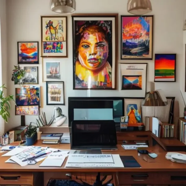 Escritório caseiro decorado com quadros e posters.