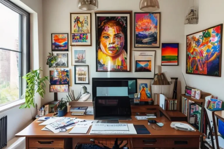 Escritório caseiro decorado com quadros e posters.