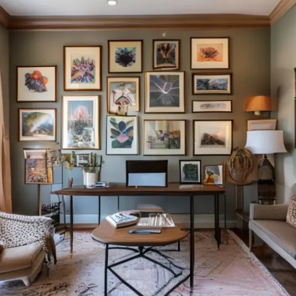 Escritório estiloso com decoração que inclui uma galeria de quadros artísticos.