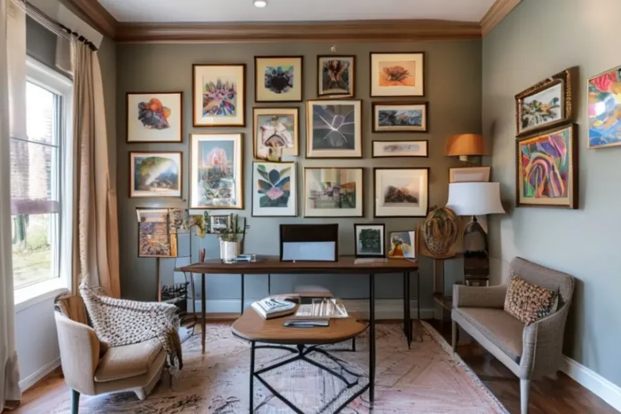 Escritório estiloso com decoração que inclui uma galeria de quadros artísticos.