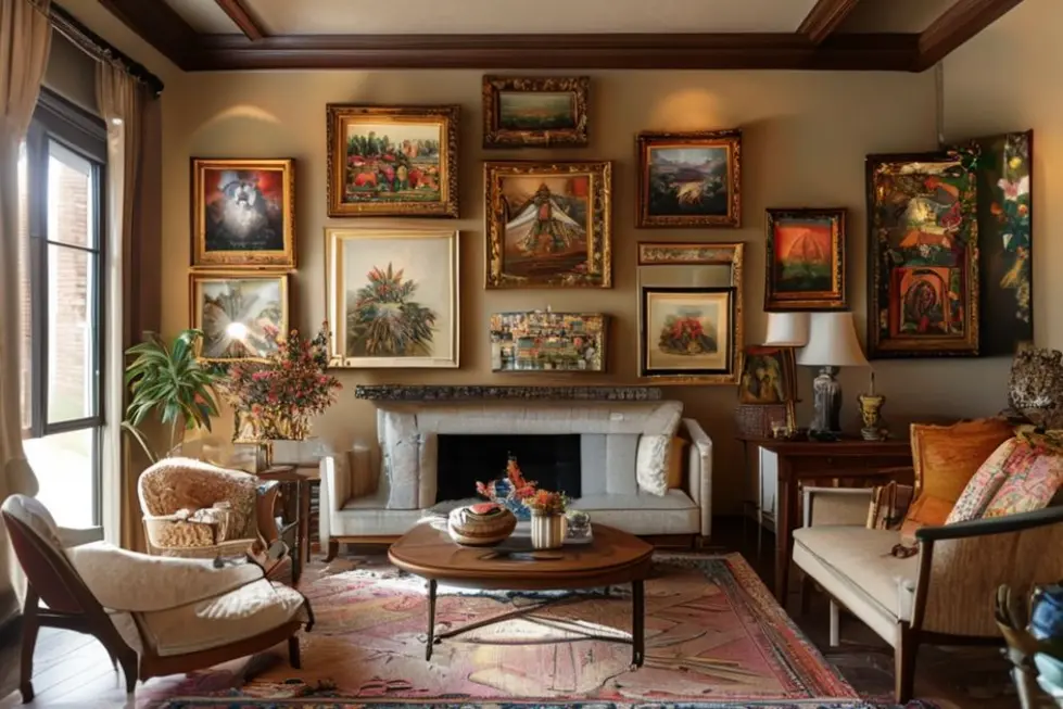Interior acolhedor com quadros artísticos, refletindo estilo e personalidade.
