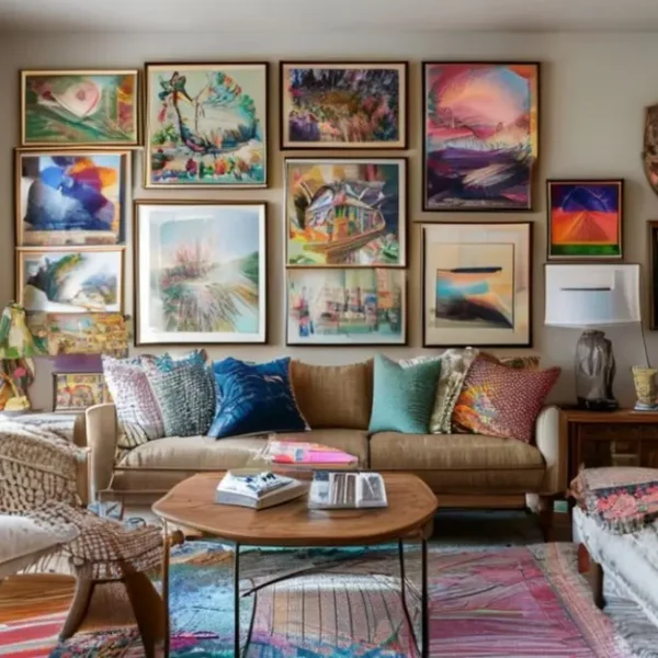 Decoração de espaço de convivência com quadros e posters, refletindo um estilo pessoal e acolhedor.