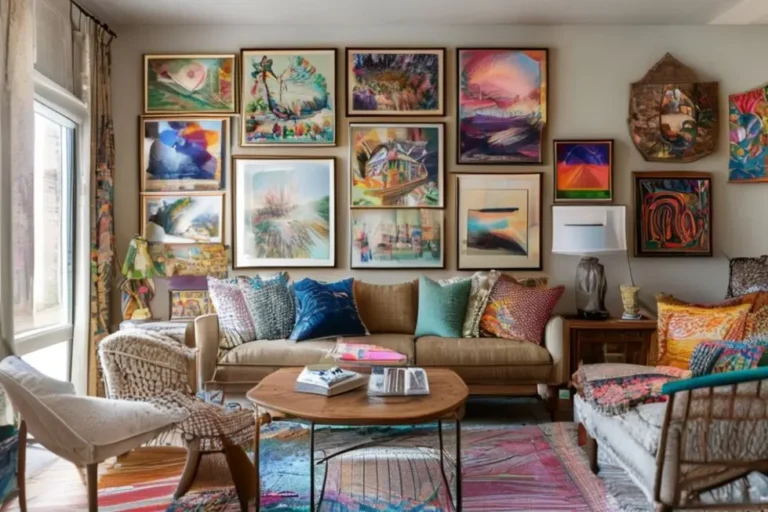 Decoração de espaço de convivência com quadros e posters, refletindo um estilo pessoal e acolhedor.