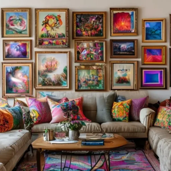 Sala decorada com quadros em disposição artística.