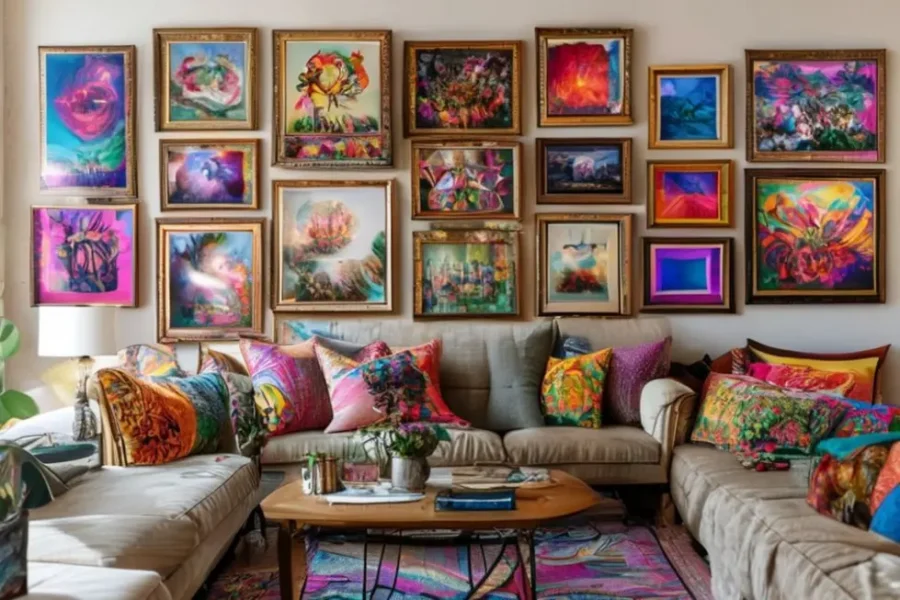 Sala decorada com quadros em disposição artística.