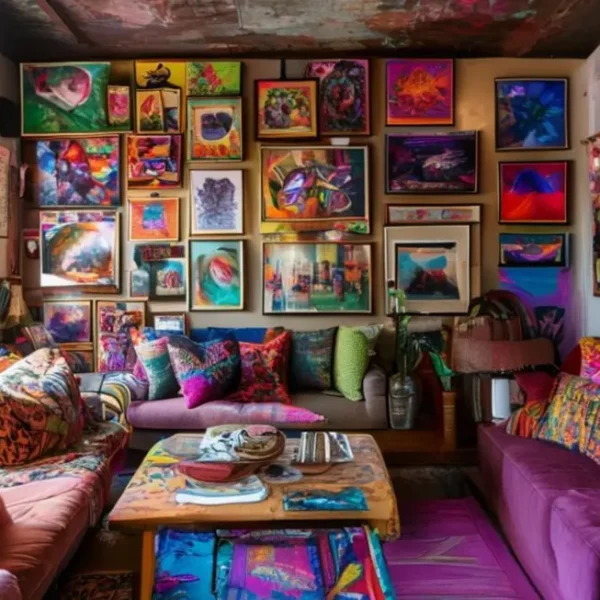 Espaço de vida acolhedor decorado com arte e quadros.