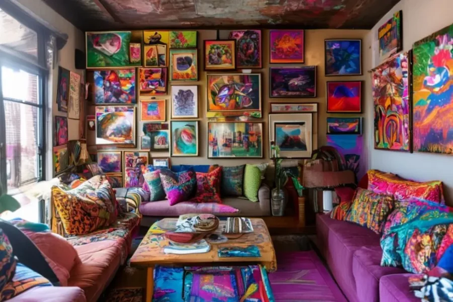 Espaço de vida acolhedor decorado com arte e quadros.