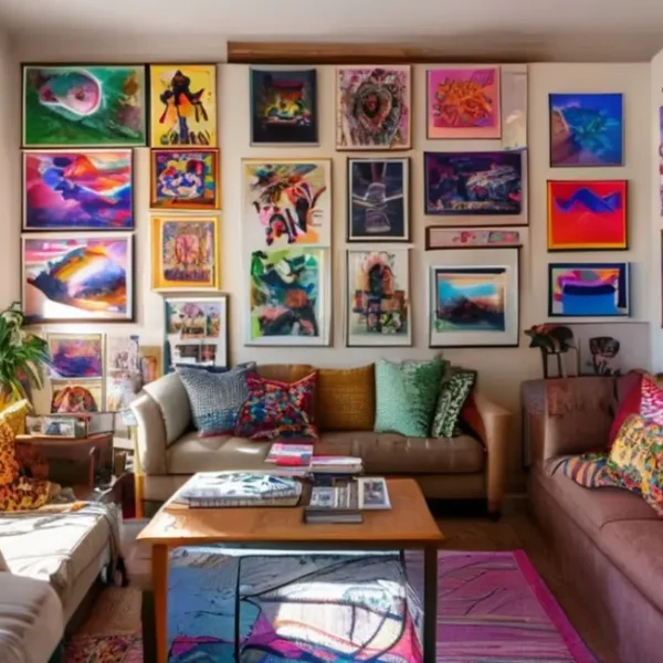 Sala de estar decorada com arte e estilo pessoal.