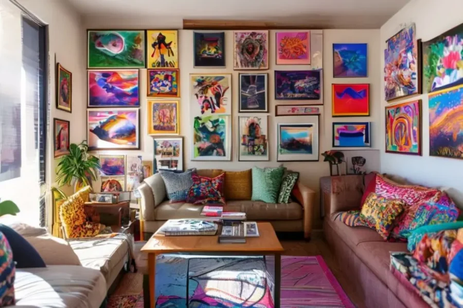 Sala de estar decorada com arte e estilo pessoal.