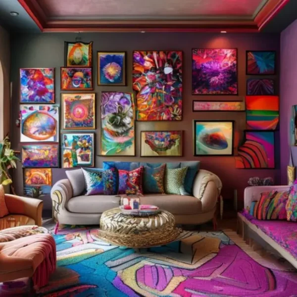 Um espaço decorado com uma variedade de quadros, transmitindo um ambiente vibrante.