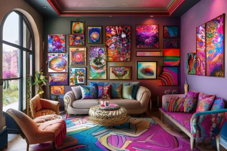 Um espaço decorado com uma variedade de quadros, transmitindo um ambiente vibrante.