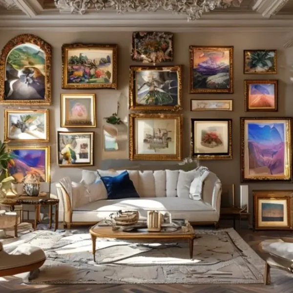 Layout elegante que exibe várias peças de arte em um espaço interno decorado.