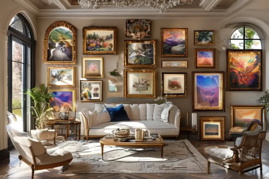 Layout elegante que exibe várias peças de arte em um espaço interno decorado.