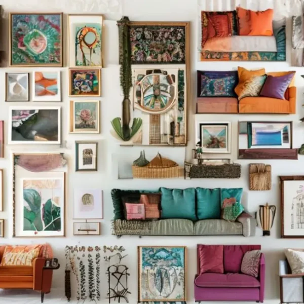 Painel de inspirações para decoração com arte e quadros.