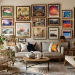 Interior de casa decorado com quadros e posters artísticos.