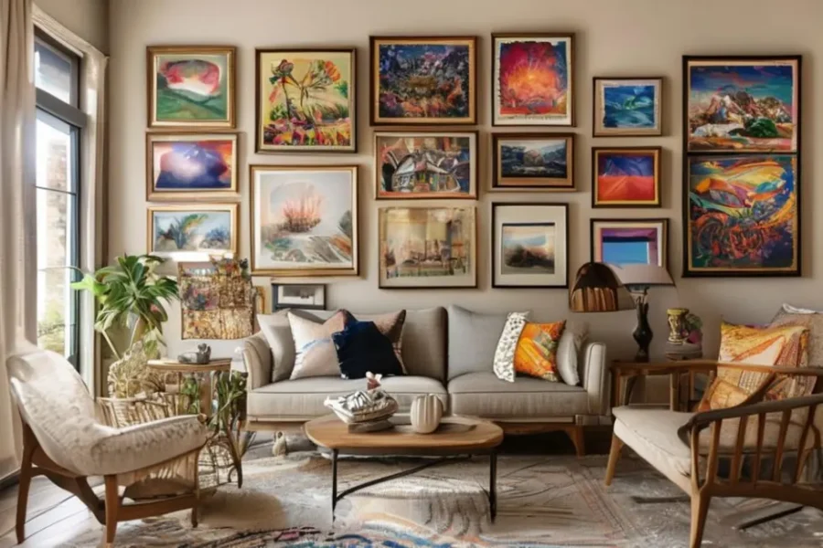Interior de casa decorado com quadros e posters artísticos.